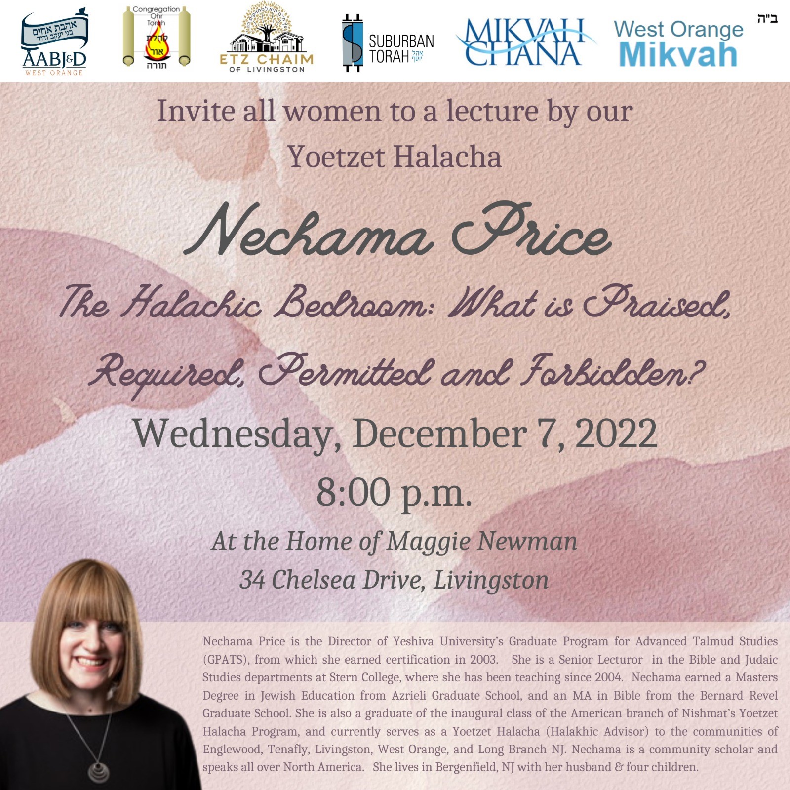 FOR WOMEN- Nechama Price Shiur (at the home of Maggie Newman)