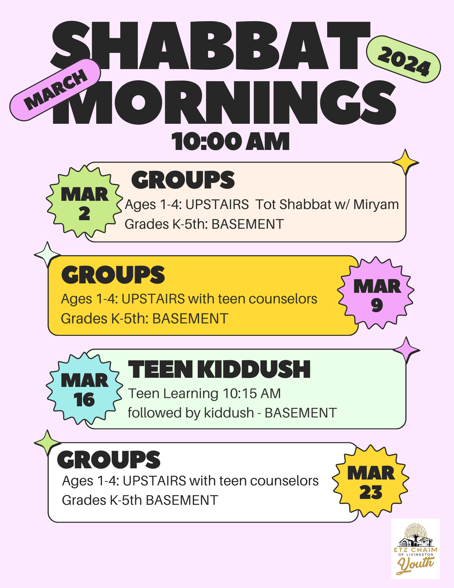SHABBAT YOUTH GROUPS: March Schedule